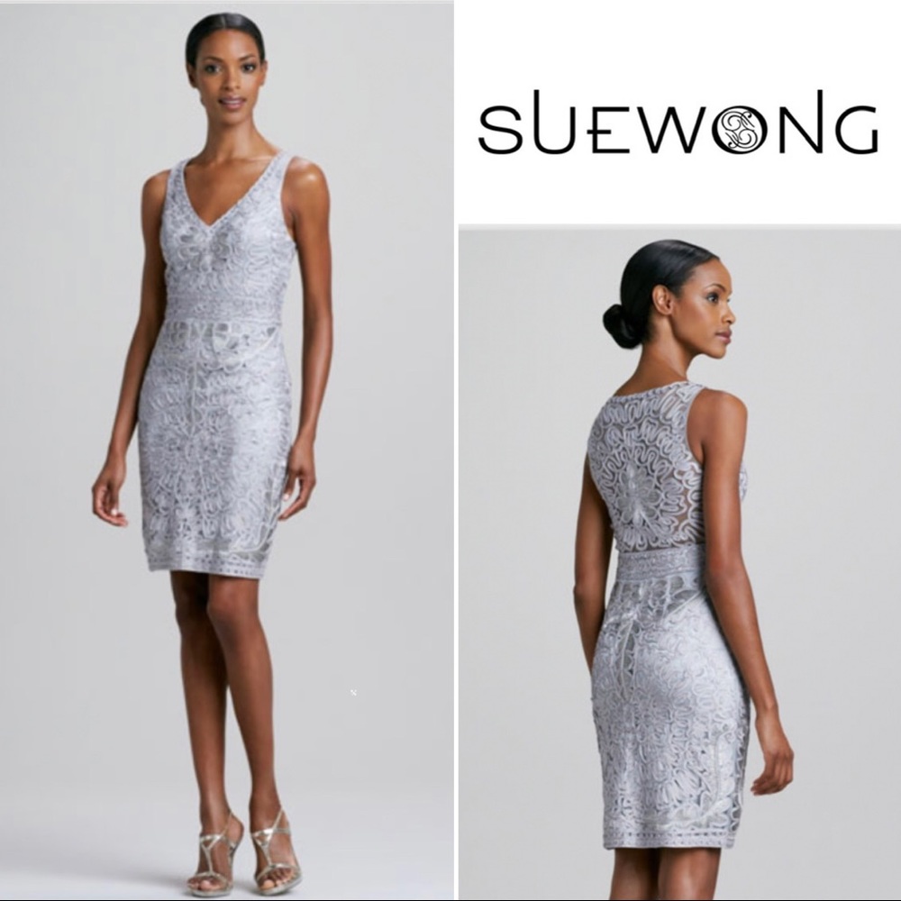 Sue Wong Sheath Cocktail Dress - Beautiful Soutache Appliqué in Silver - Size 2